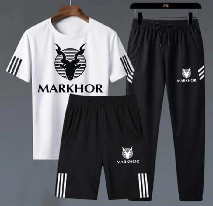 Front view of men's Markhor printed jersey tracksuit set Pack of 3 Markhor printed tracksuits for men Detailed Markhor print on men's jersey tracksuit Men's jersey tracksuit set in action - workout and casual wear Comfortable and stylish men's tracksuit with Markhor print